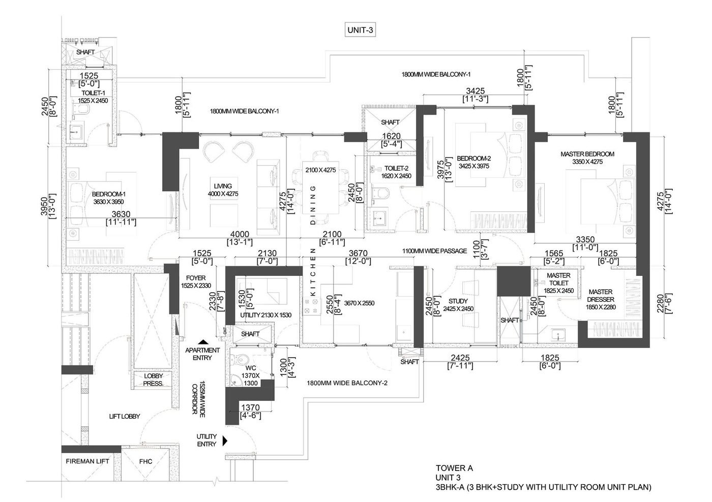 3 BHK-A · Unit Plan