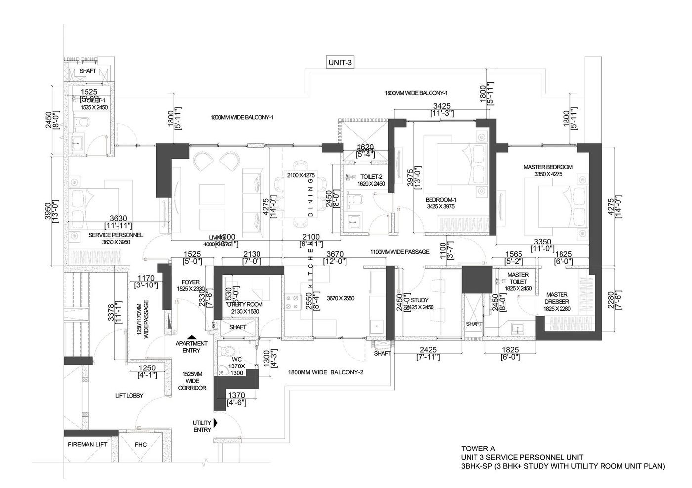 3 BHK-B · Unit Plan