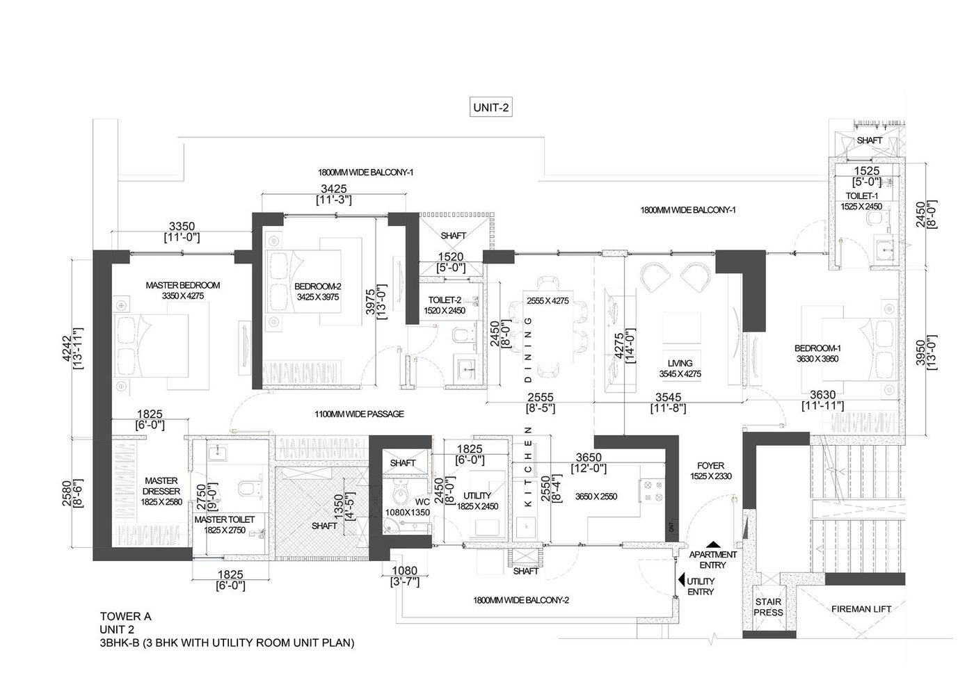 3 BHK-B' · Unit Plan